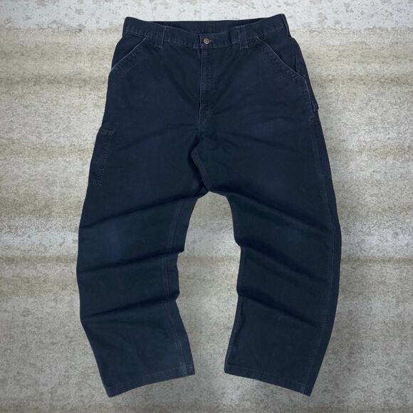 Vintage Carhartt Carpenter Pants Jet Black Canvas Baggy Wide Leg Dungarees 90s - Picture 2 of 5